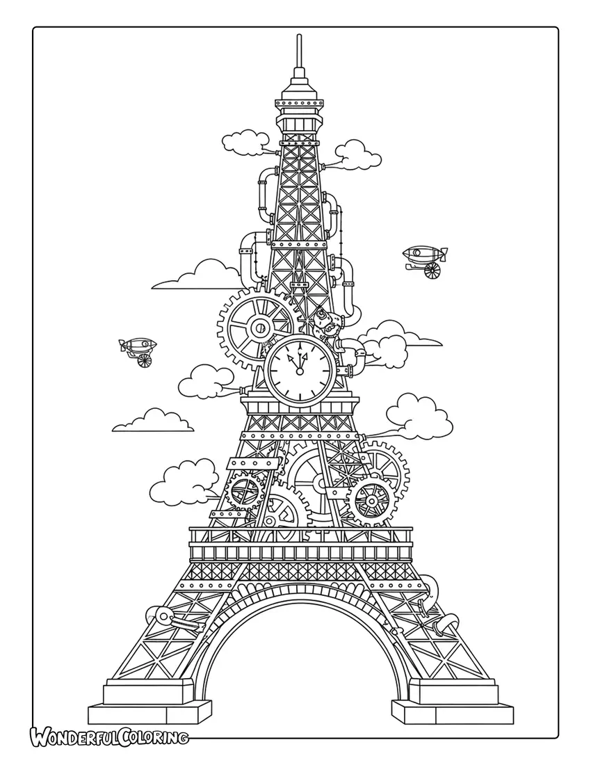 Steampunk Eiffel Tower clockwork Paris coloring page