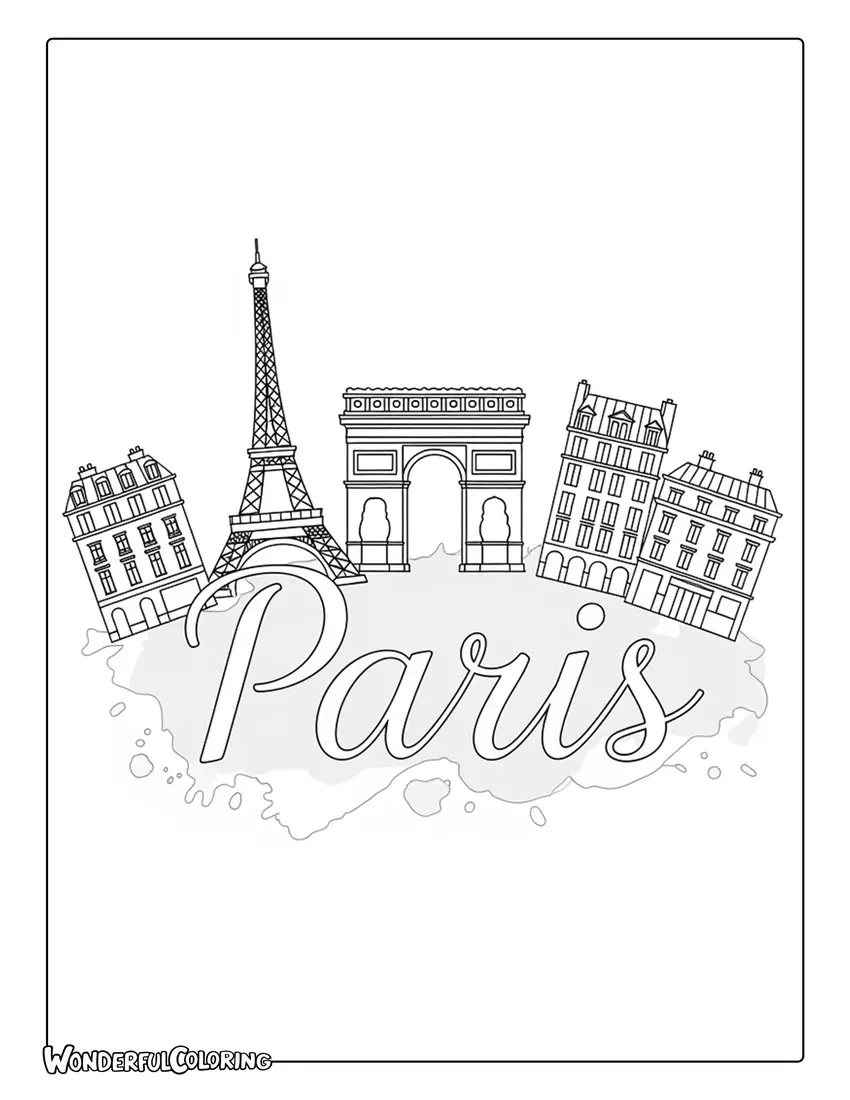 Watercolor Paris script lettering coloring page