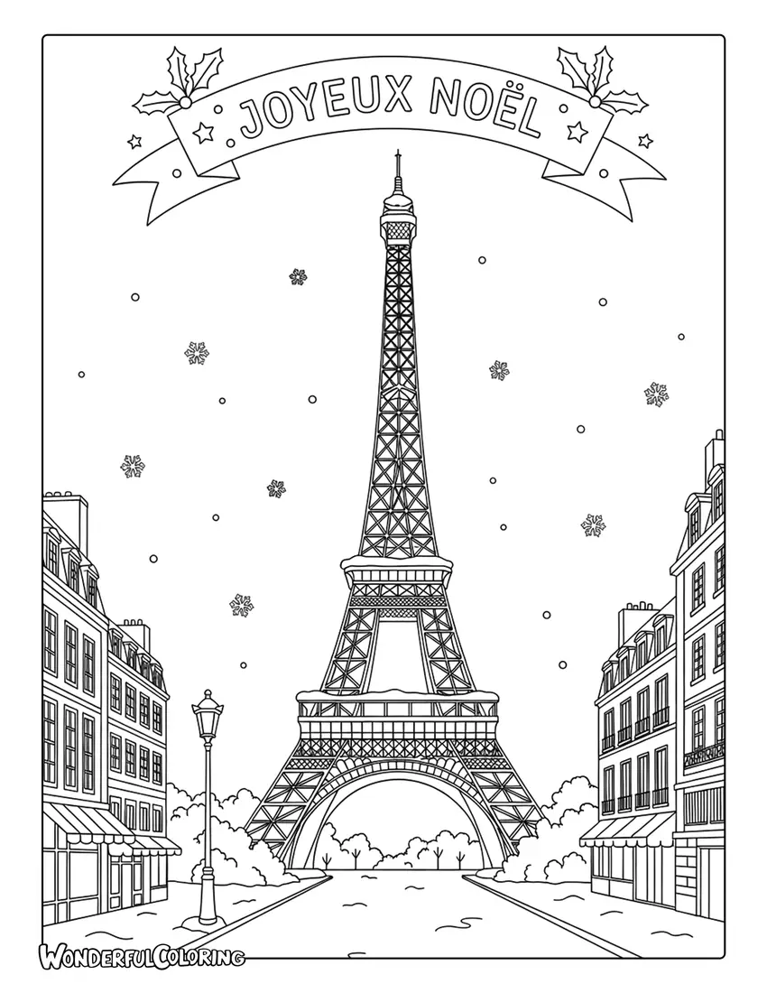 Paris Winter Snow Eiffel Tower Christmas Postcard Coloring Page