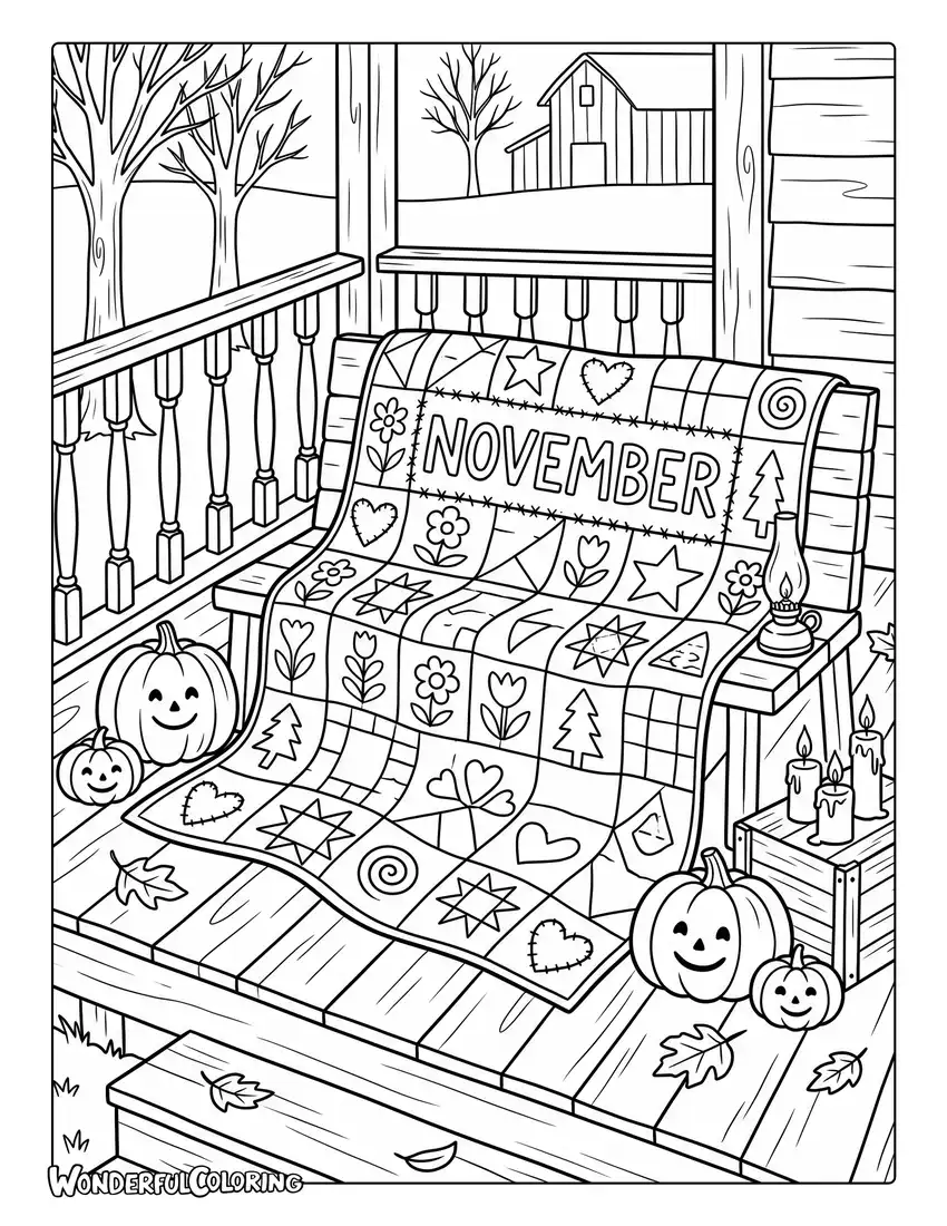 November patchwork quilt coloring page with colorful stitched patterns, pumpkins, candles, and rustic porch