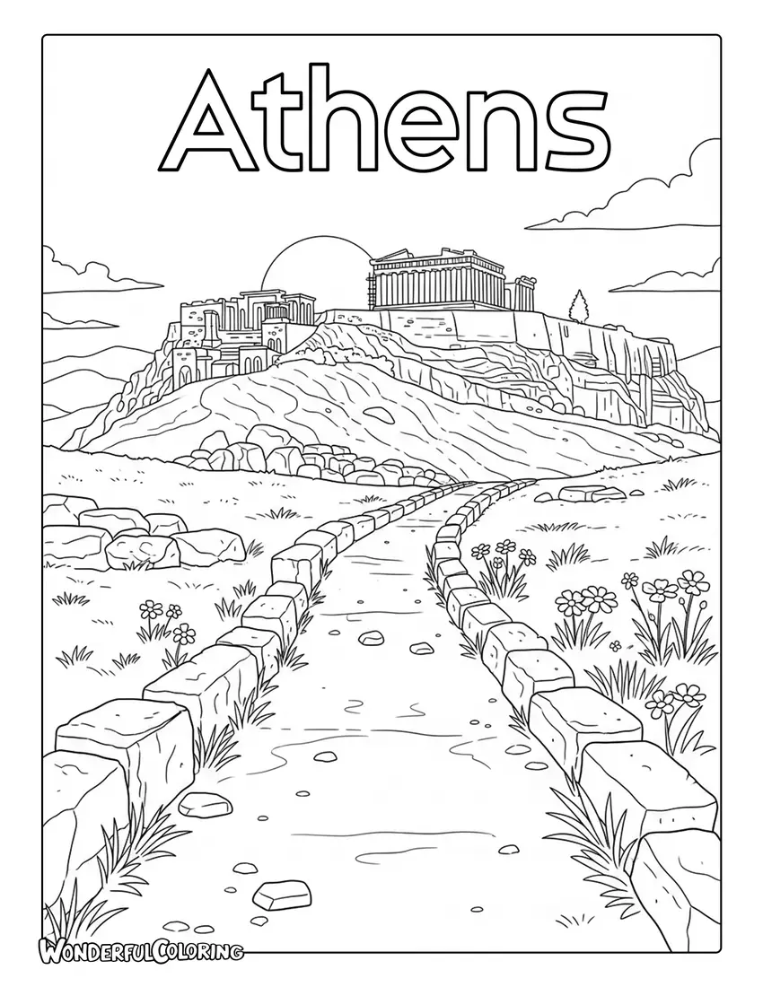 Path to Acropolis Athens stone trail coloring page with wildflowers and ancient walkway