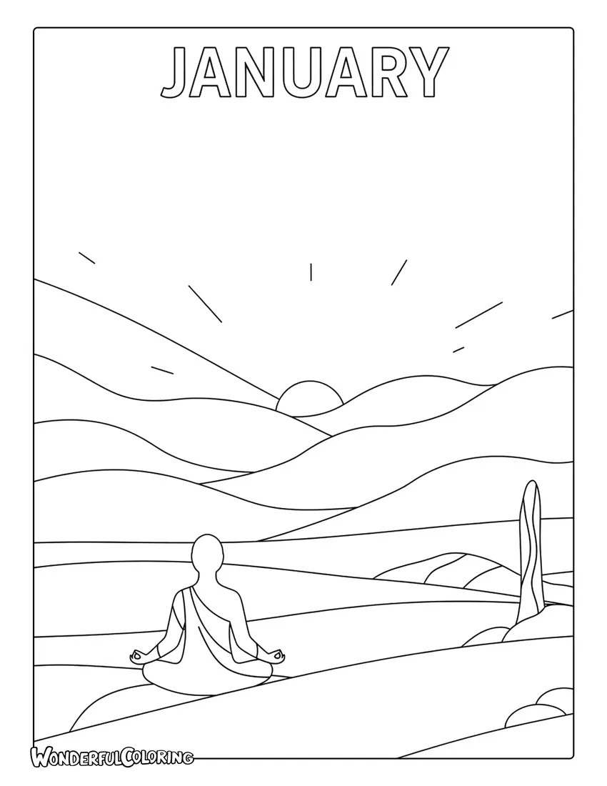 Peaceful January meditation coloring page with snowy field, soft fog, and gentle light