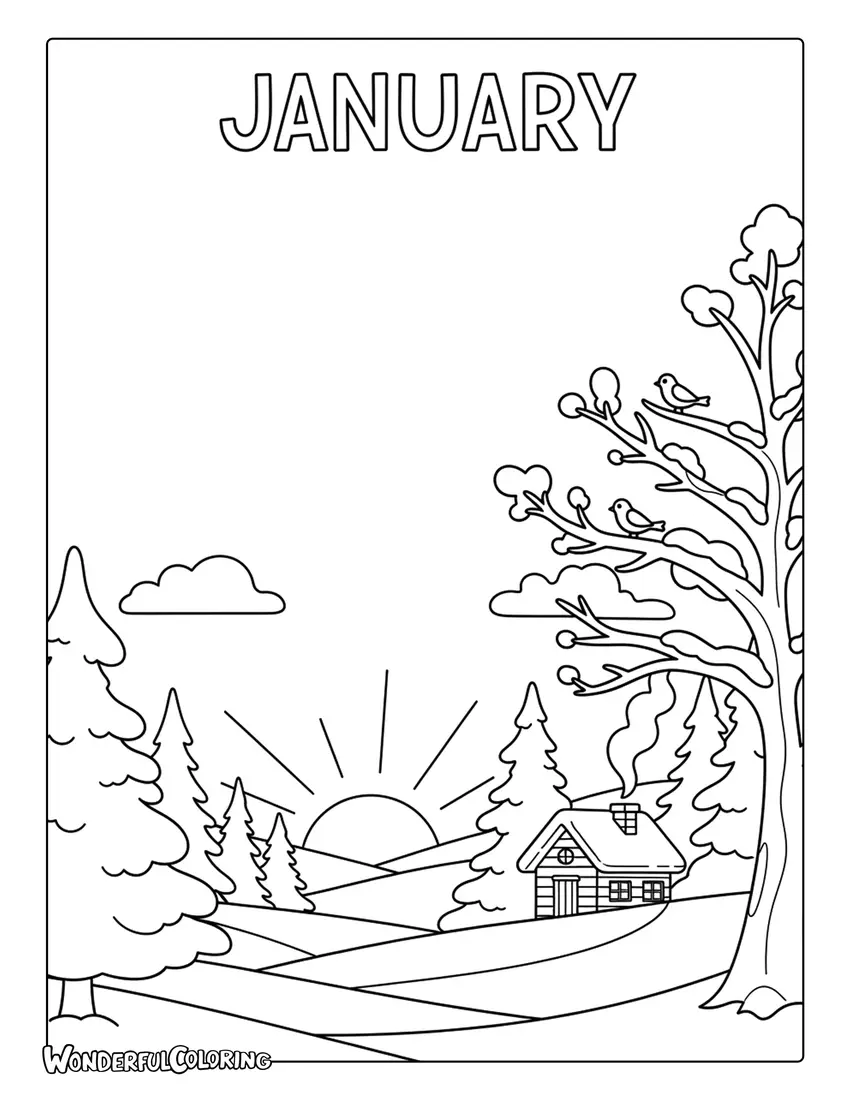 Peaceful January winter morning coloring page with snow-covered trees, soft sunlight, and a calm landscape