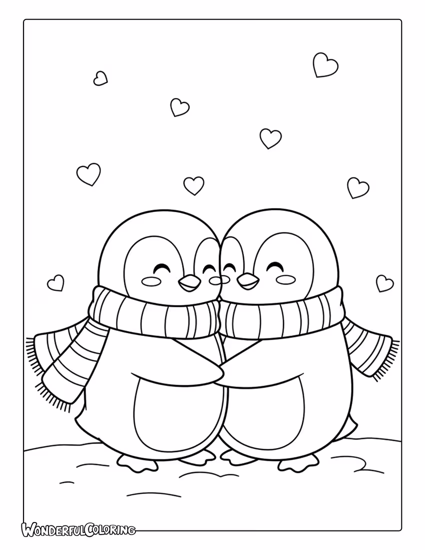 Penguin couple hugging with scarves Valentine coloring page