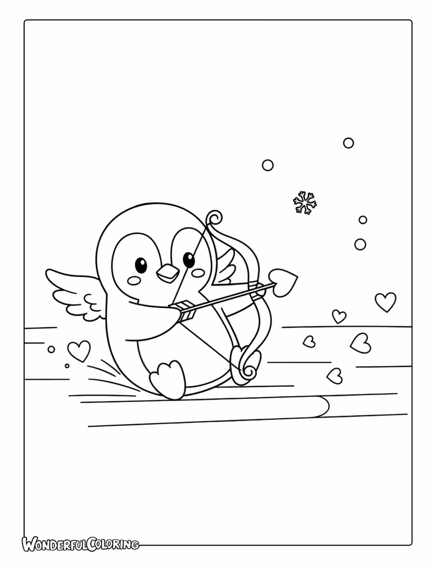 Penguin Cupid winter Valentine coloring page