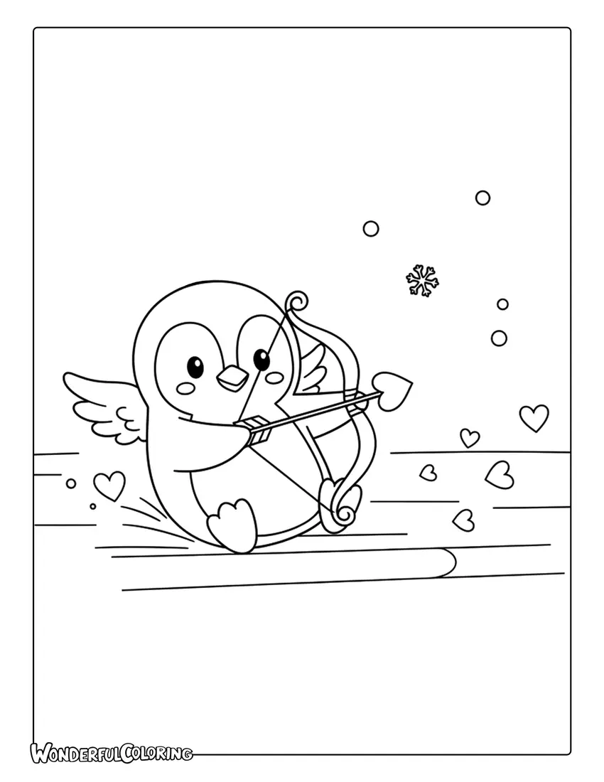 Penguin Cupid winter Valentine coloring page