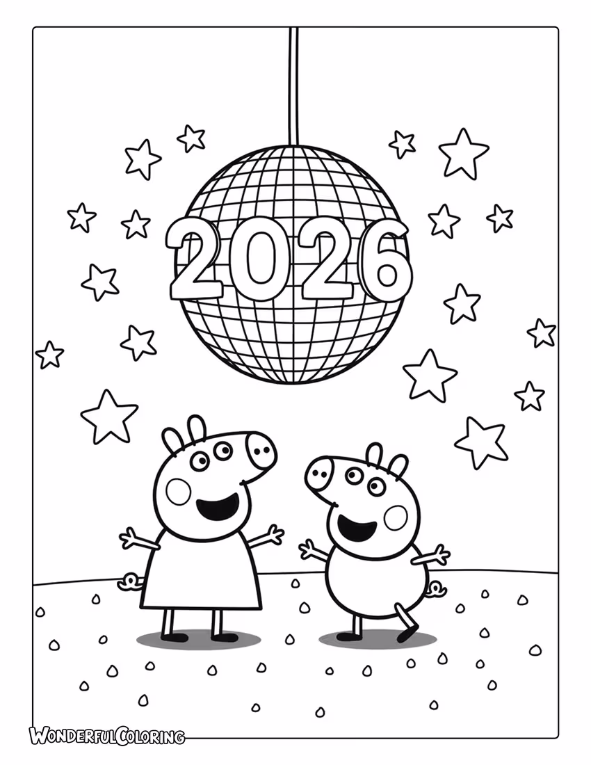 2026 Coloring Page of Peppa Pig and George dancing disco