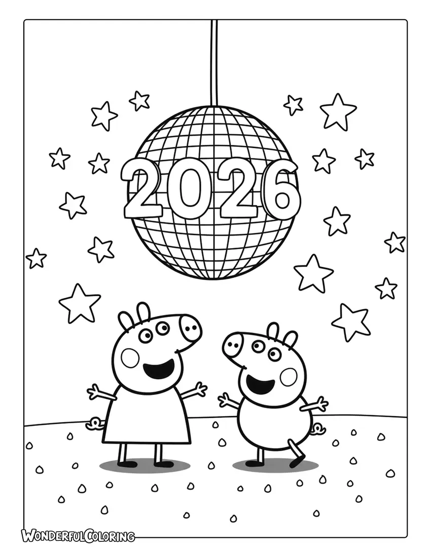 2026 Coloring Page of Peppa Pig and George dancing disco