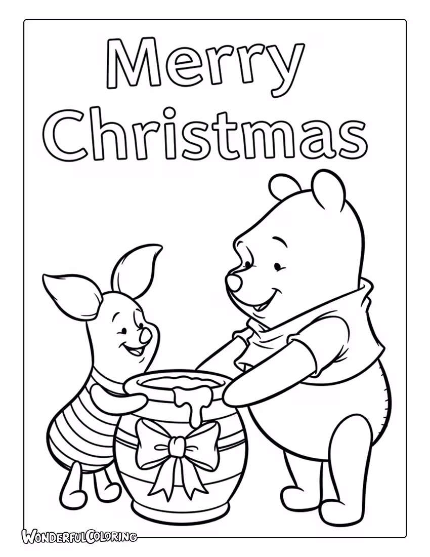Piglet giving Pooh honey gift Merry Christmas coloring page