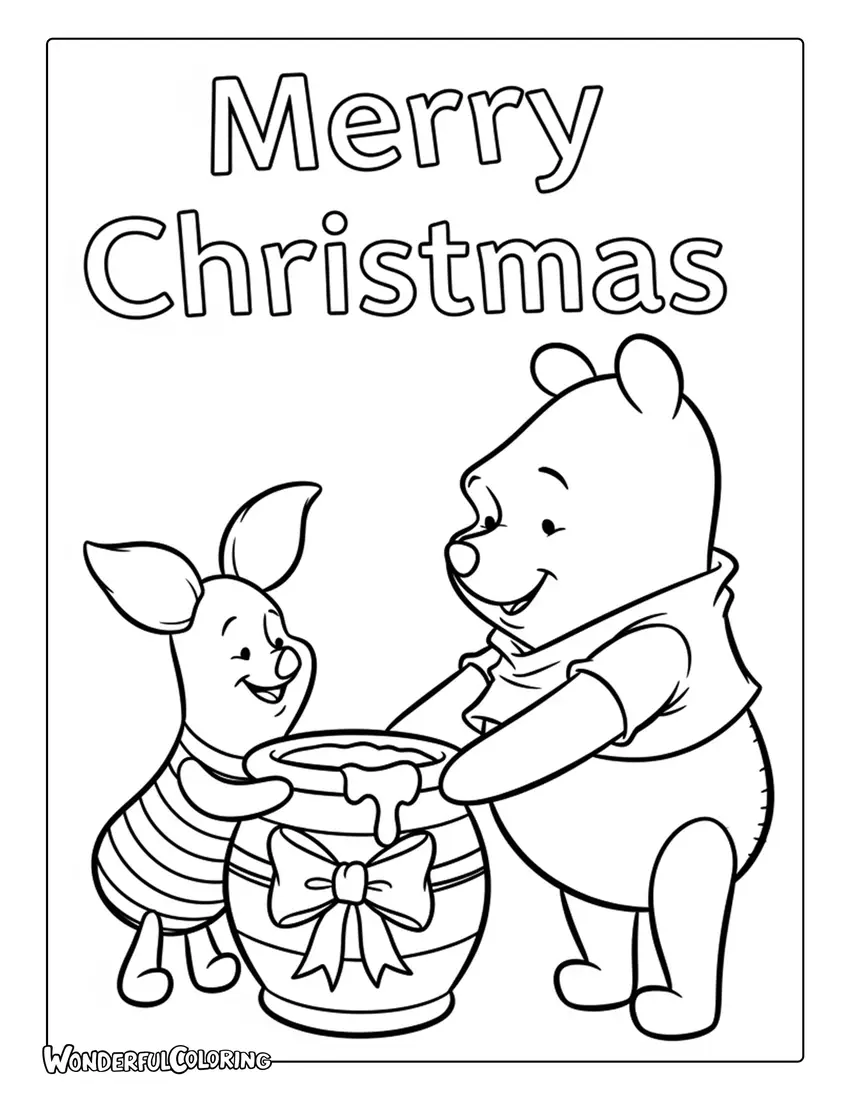 Piglet giving Pooh honey gift Merry Christmas coloring page