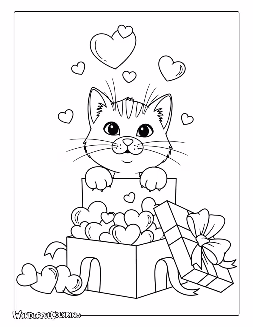 Playful cat jumping out of a gift box filled with hearts Valentine coloring page