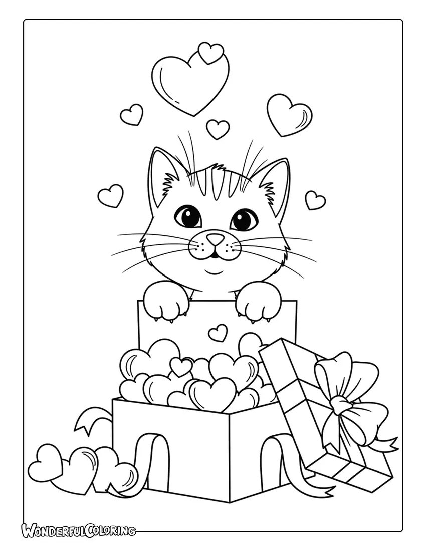 Playful cat jumping out of a gift box filled with hearts Valentine coloring page