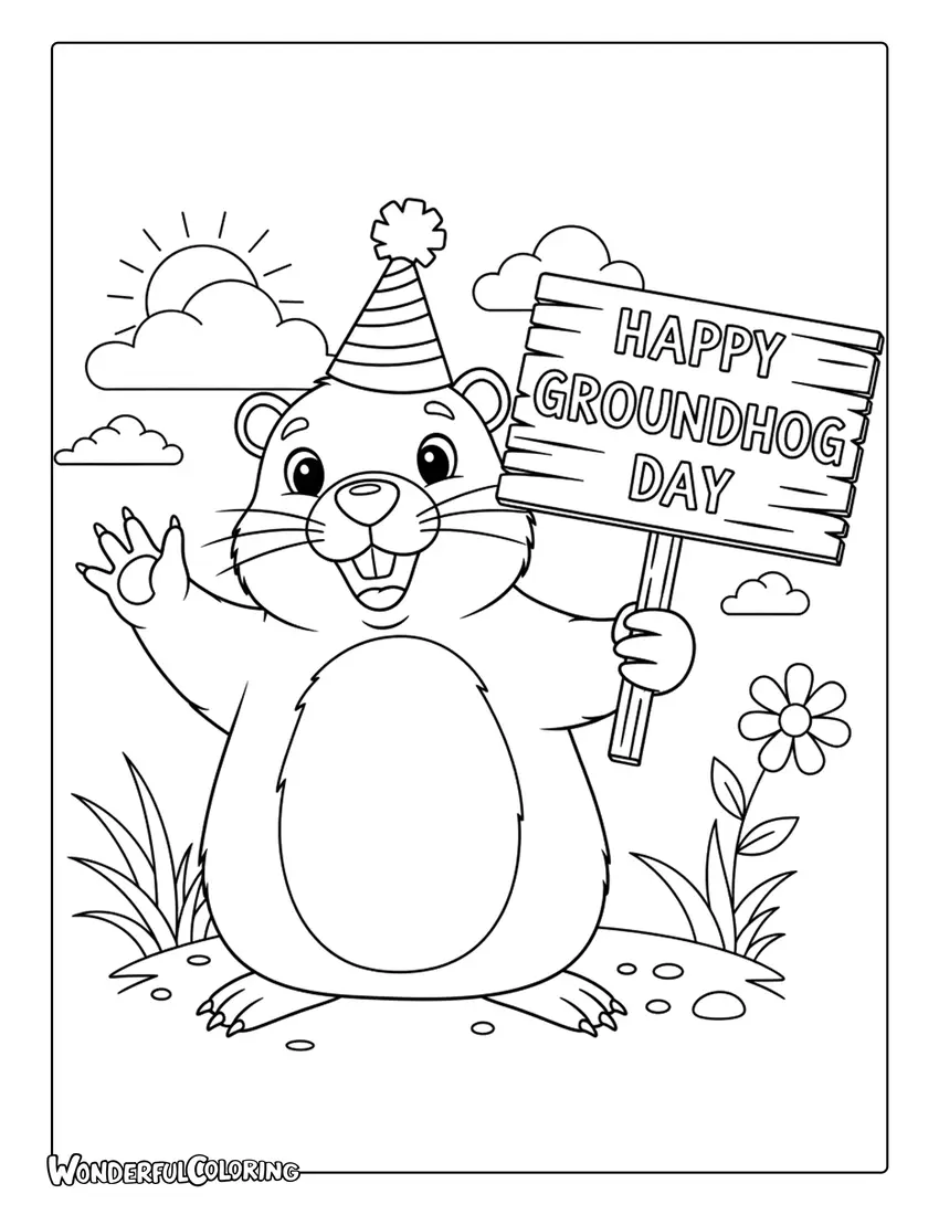 Groundhog waving Happy Groundhog Day coloring page