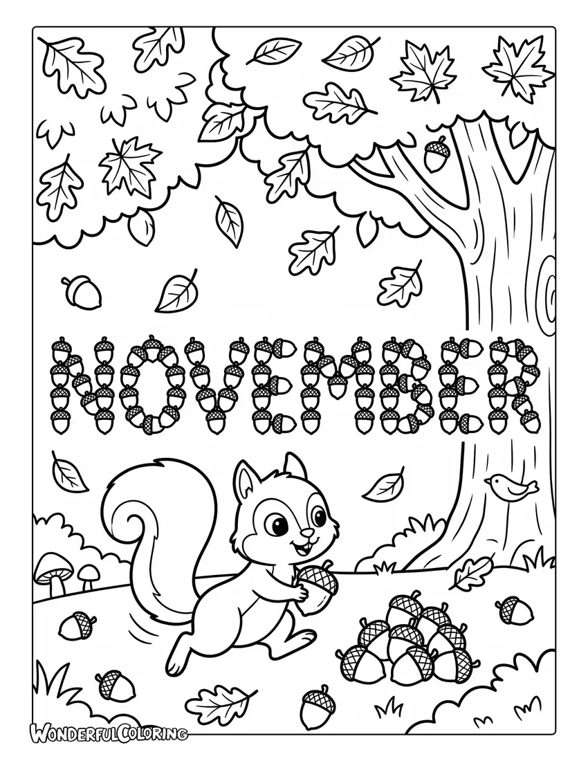 November squirrel coloring page featuring playful squirrel, acorns, colorful autumn trees, and leaf-covered forest floor