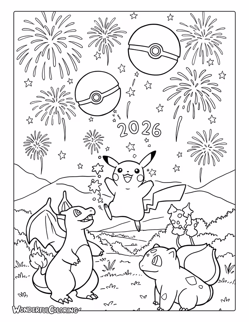 Pokémon Celebrate 2026 Coloring Page with Fireworks
