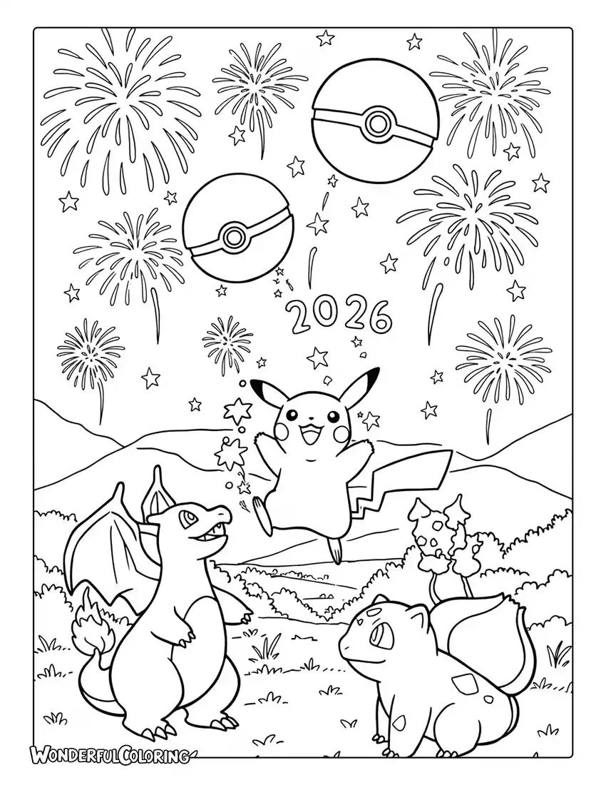 Pokémon Celebrate 2026 Coloring Page with Fireworks