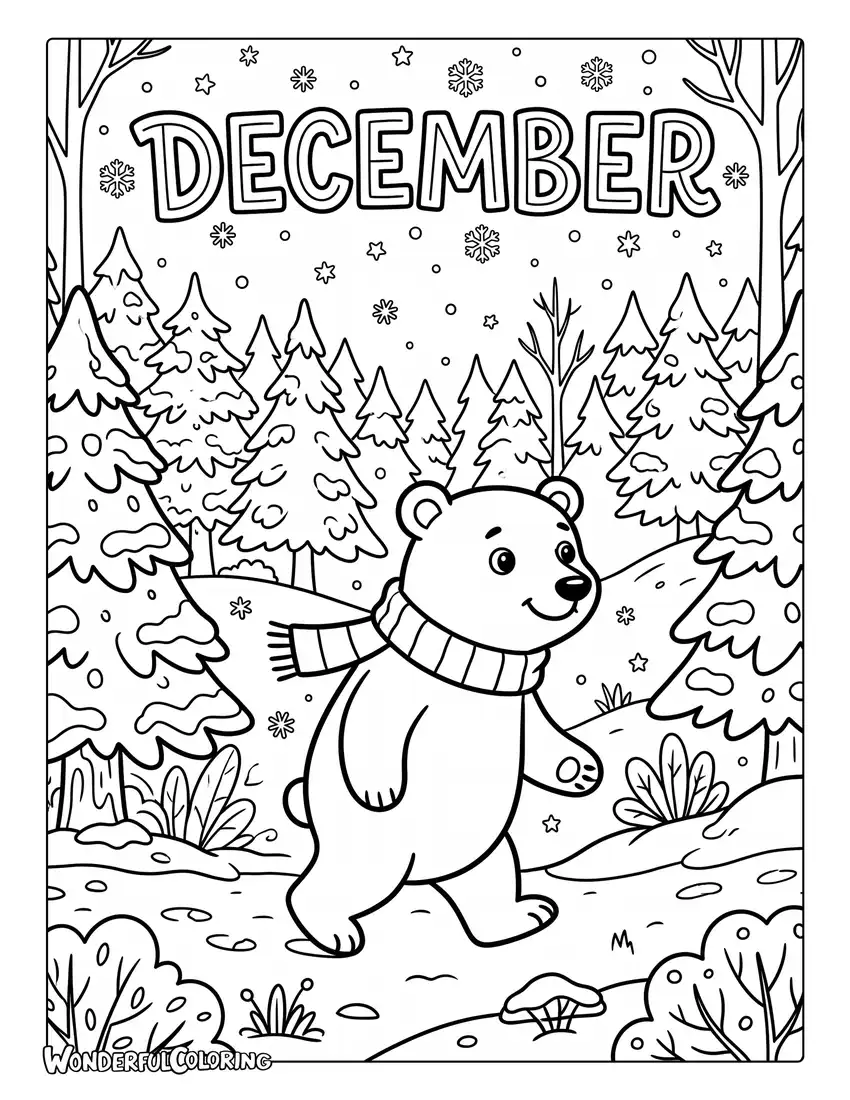 December polar bear coloring page with a cute polar bear wearing a scarf in a snowy forest with falling snowflakes