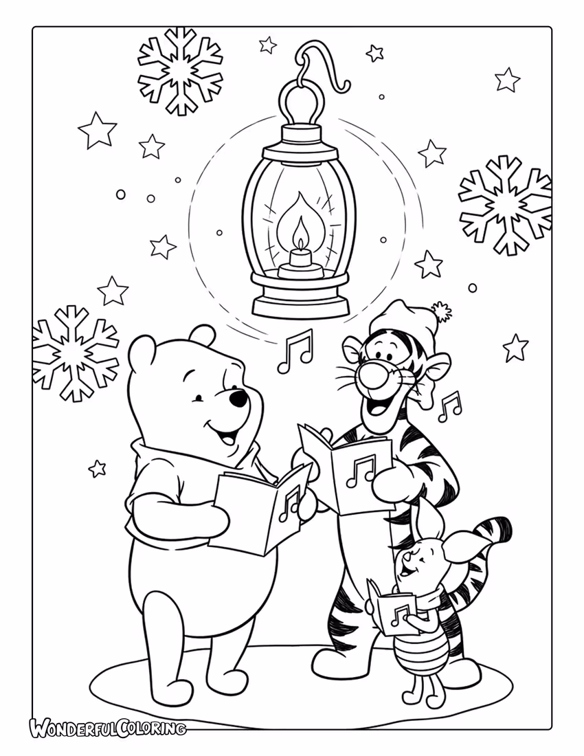 Winnie the Pooh and friends singing Christmas carols coloring page