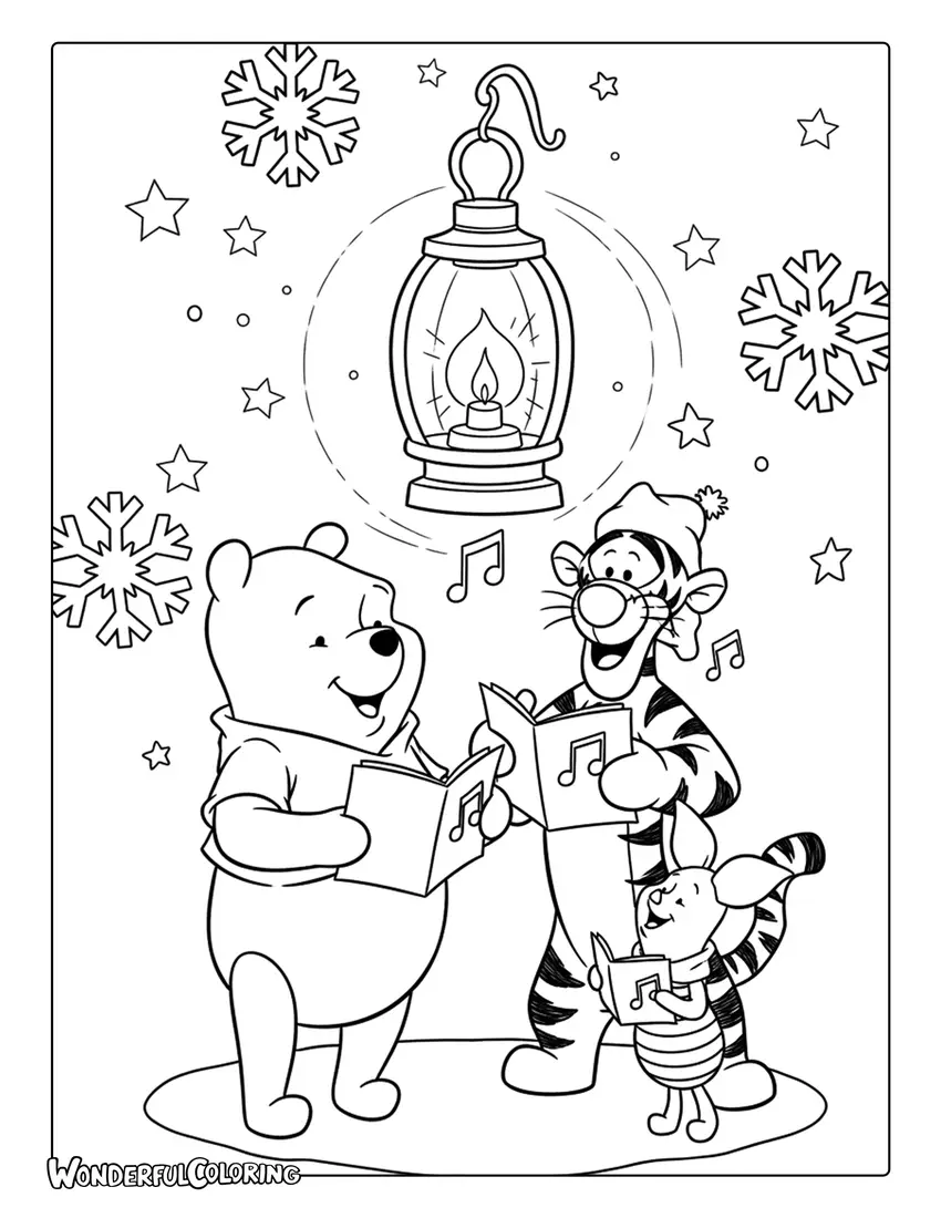 Winnie the Pooh and friends singing Christmas carols coloring page
