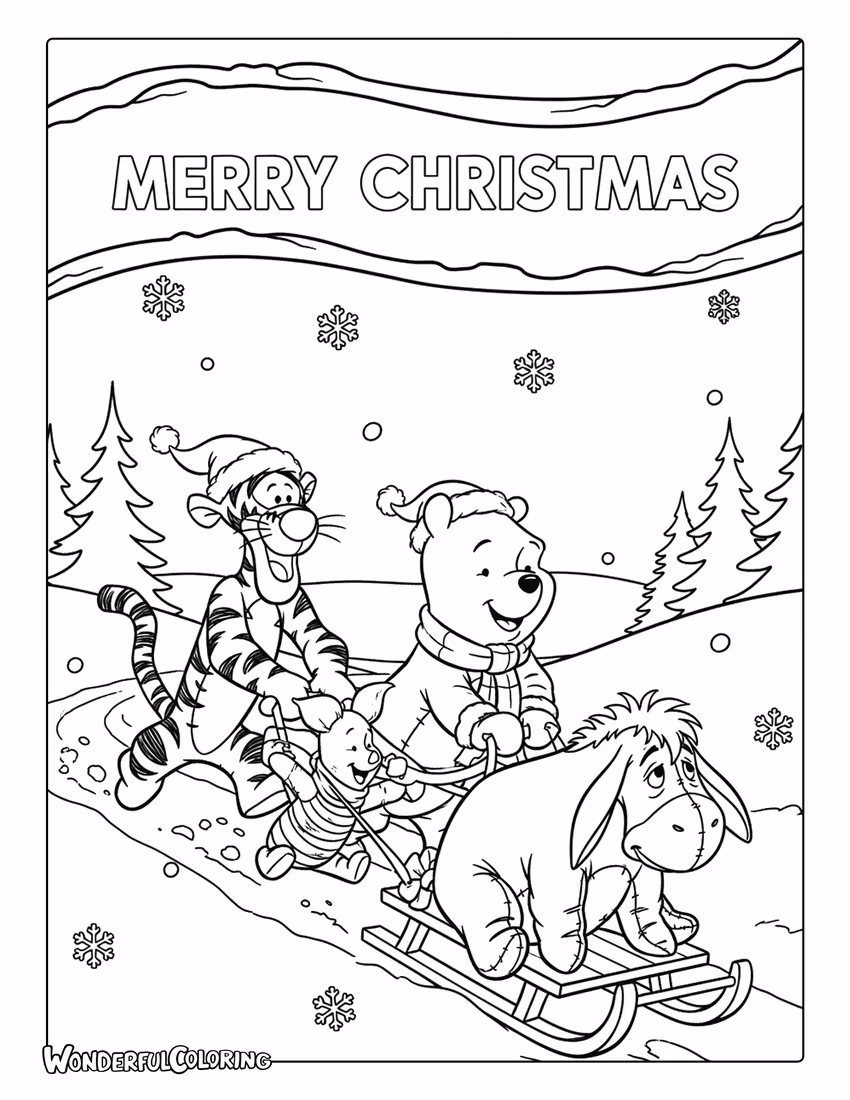 Pooh Piglet and Tigger pulling Eeyore sled Merry Christmas coloring page