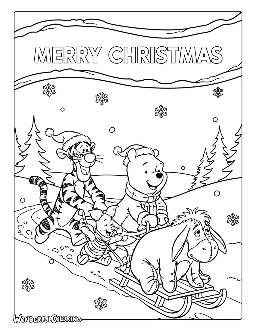 Pooh Piglet and Tigger pulling Eeyore sled Merry Christmas coloring page