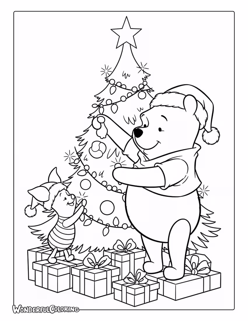 Winnie the Pooh and Piglet decorating a Christmas tree coloring page