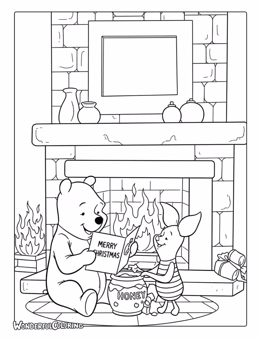 Pooh and Piglet by fireplace reading Merry Christmas card coloring page