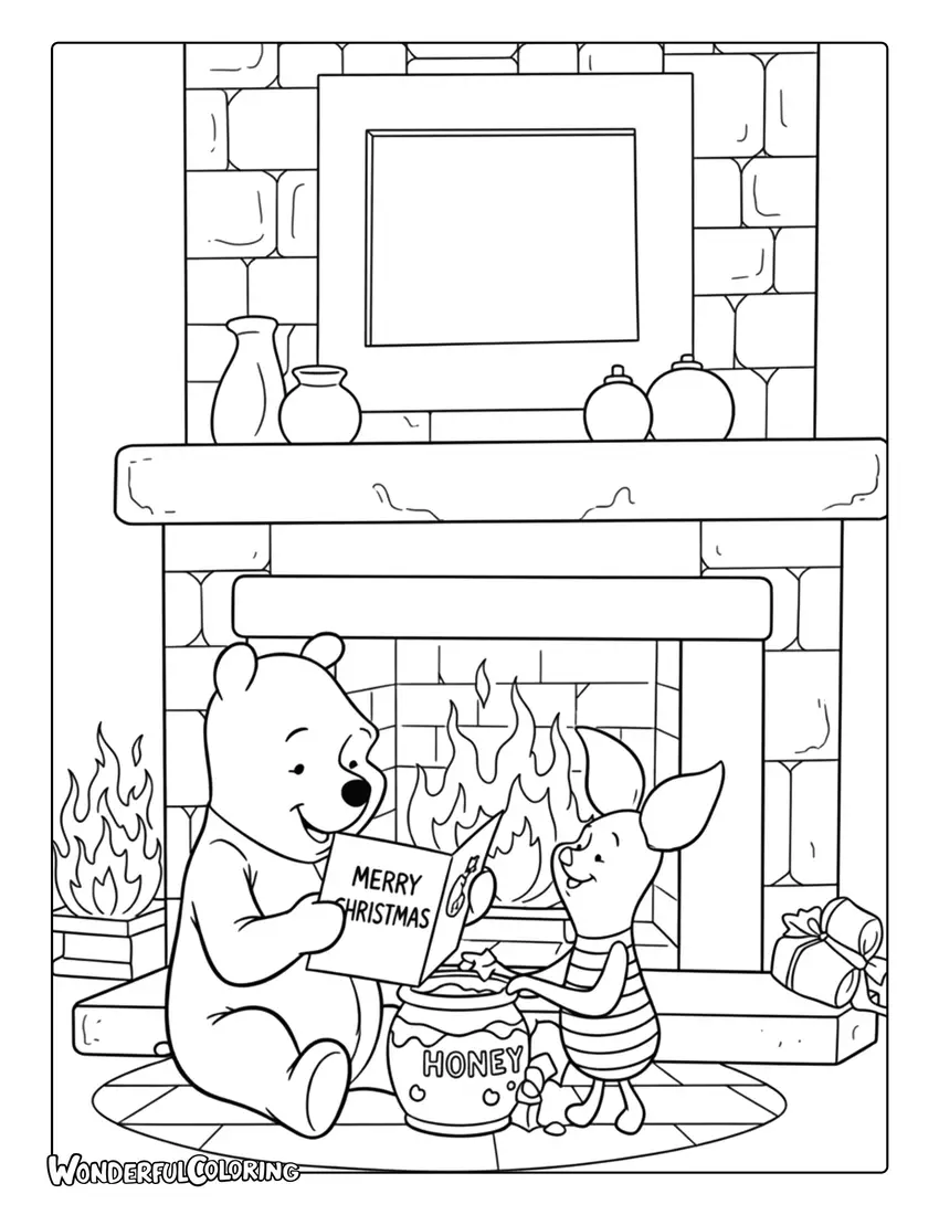 Pooh and Piglet by fireplace reading Merry Christmas card coloring page