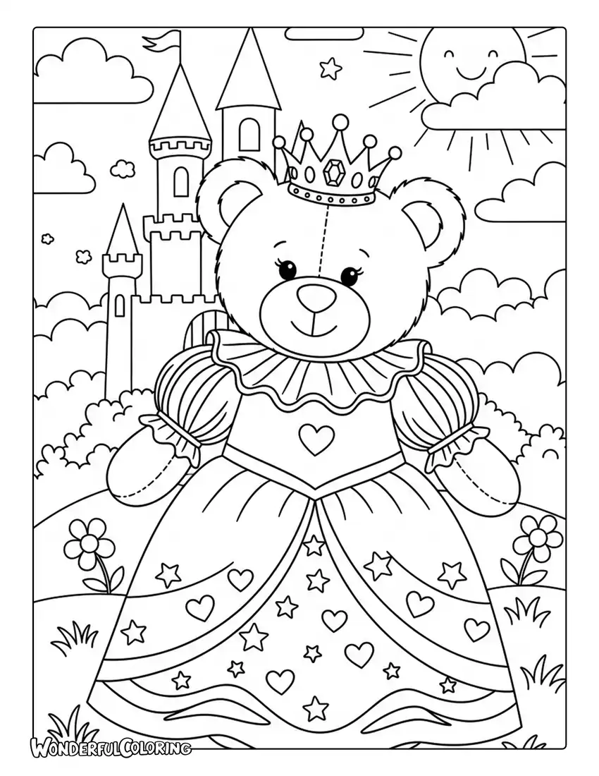 Princess teddy bear wearing crown and dress coloring page