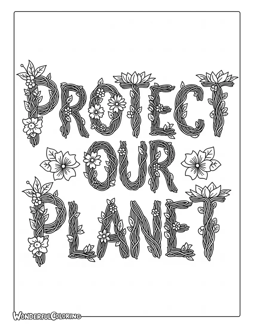 protect our planet leaf vine typography coloring page