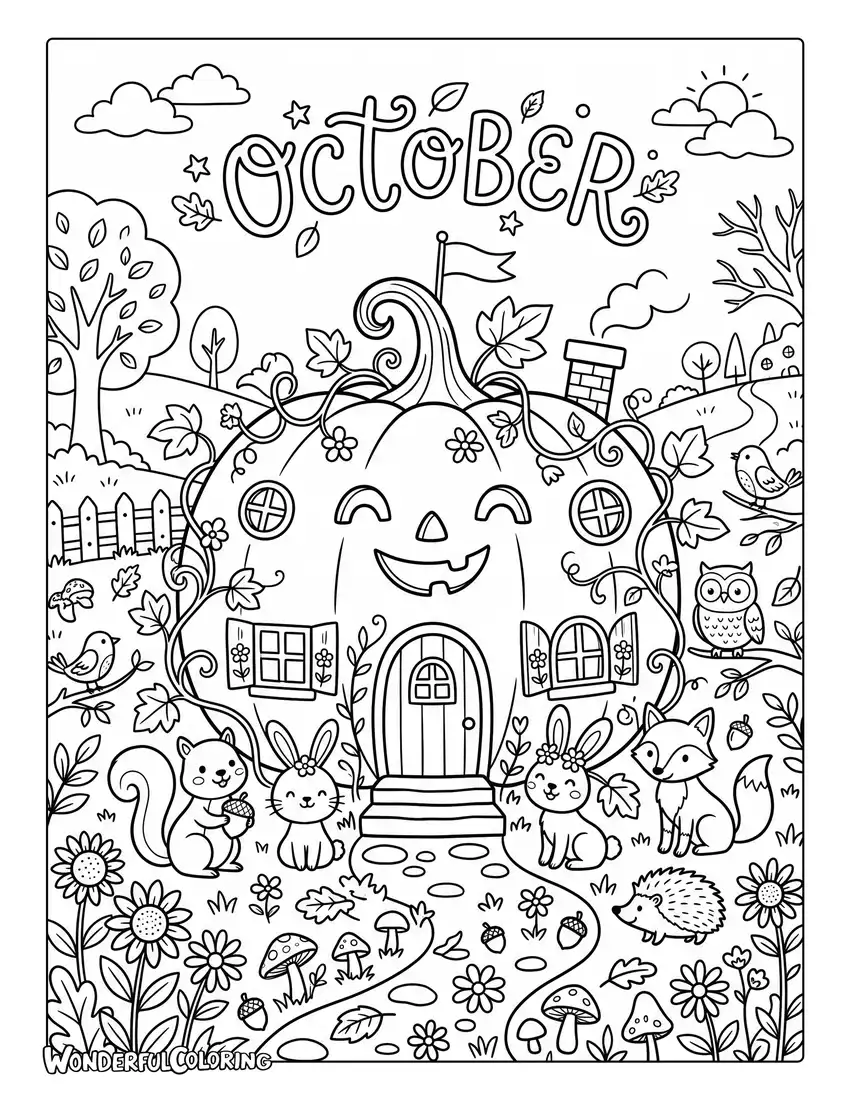 Pumpkin house coloring page with pumpkin cottage, vines, flowers, and woodland animals