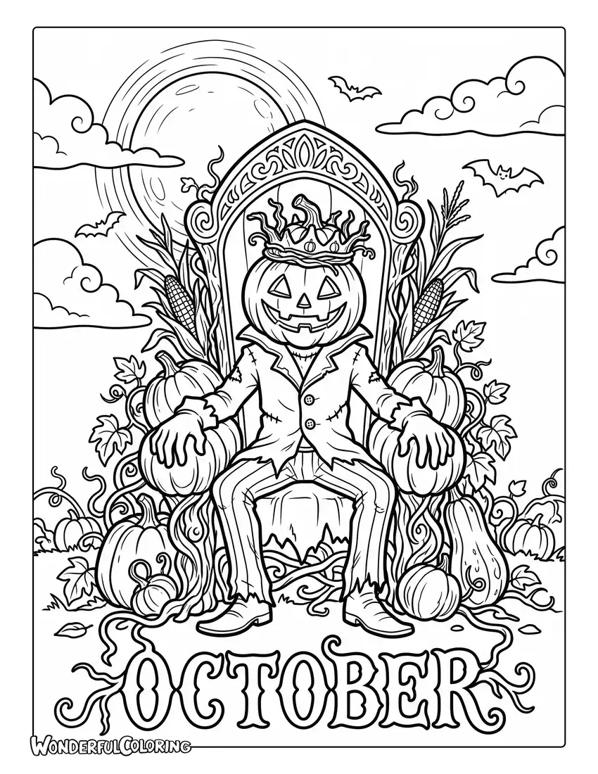 Pumpkin King coloring page with giant pumpkins, throne, harvest moon, and gothic details