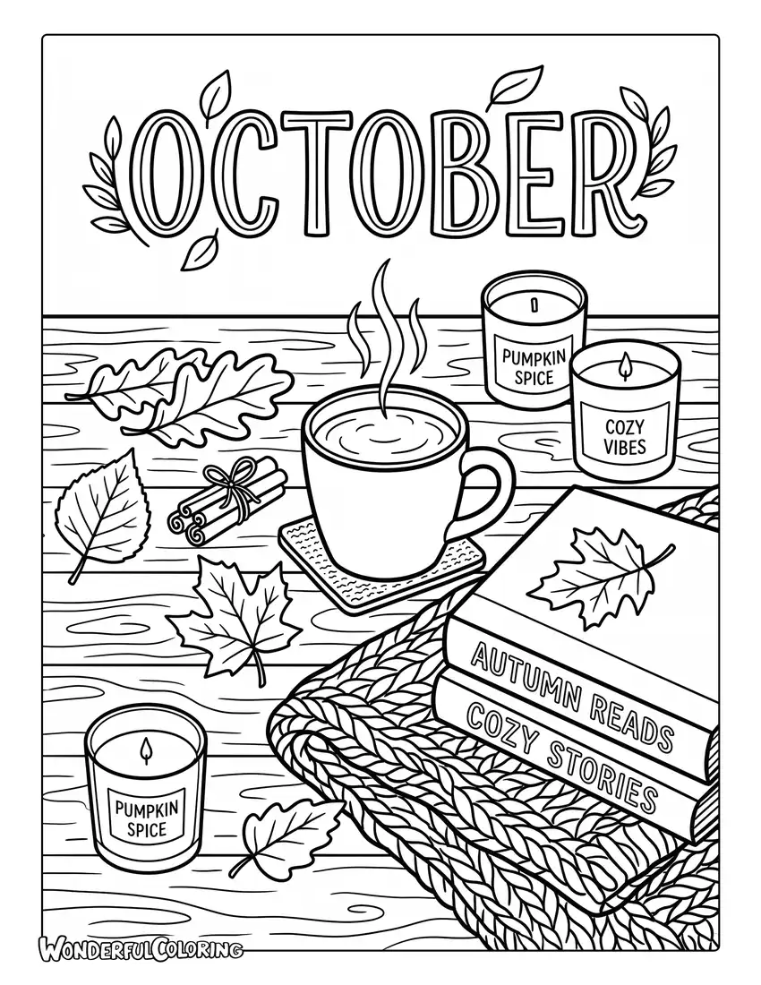 Pumpkin spice latte coloring page with mug, books, blanket, candles, and autumn leaves