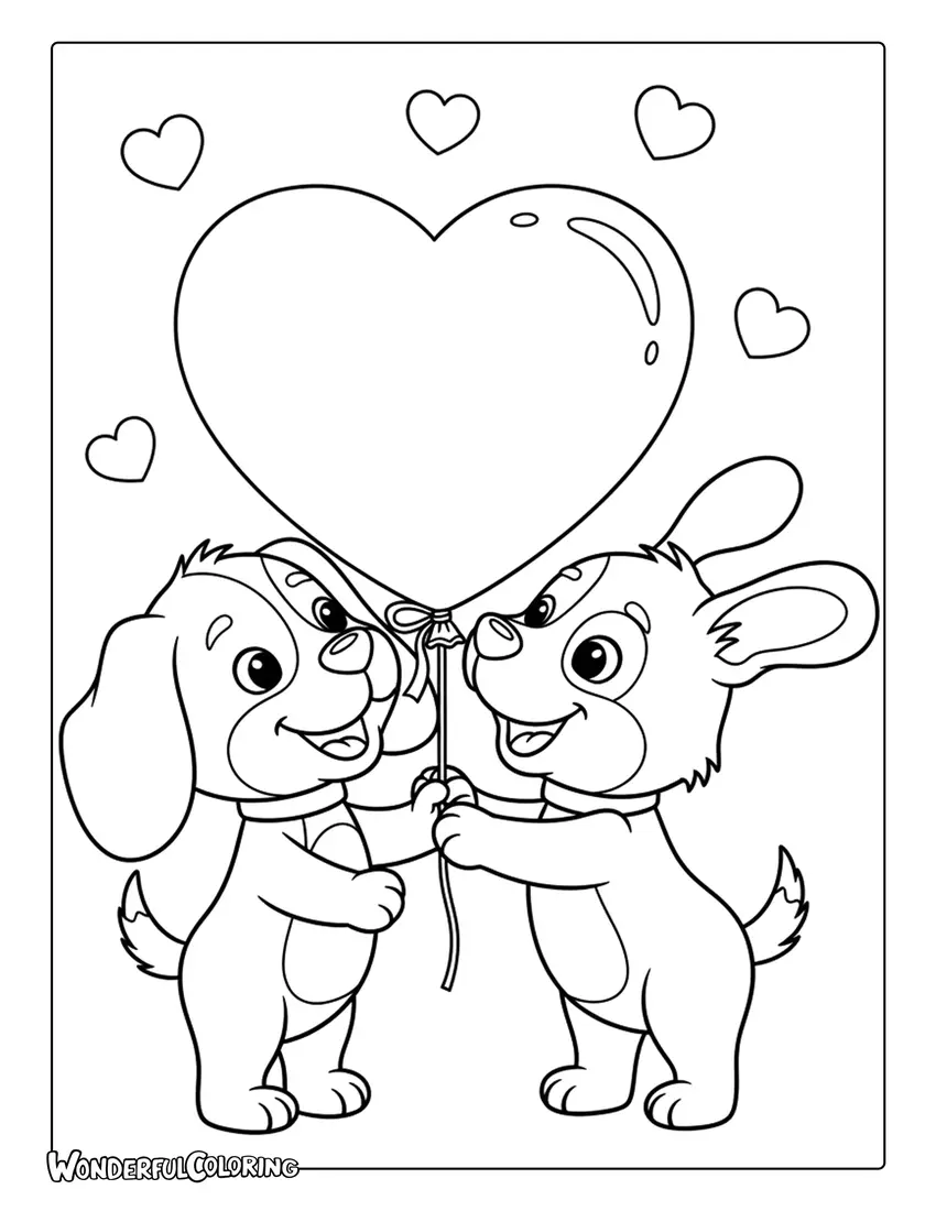 Puppy and kitten Valentine couple with heart balloon coloring page