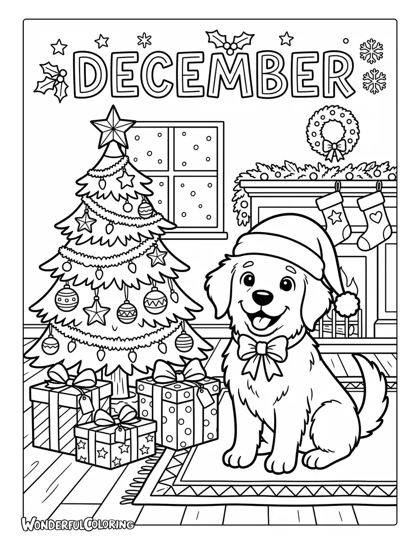 December puppy coloring page with a cute puppy wearing a Santa hat beside a Christmas tree and presents