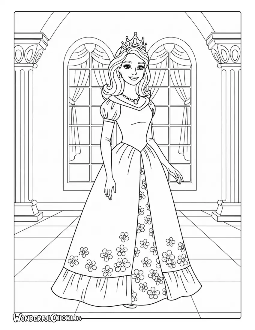 Queen amelia barbie royal gown coloring page