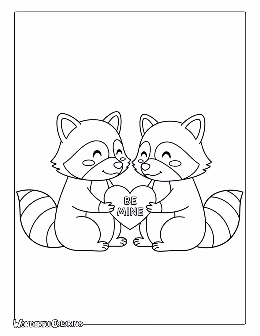 Raccoon couple sharing Valentine card coloring page