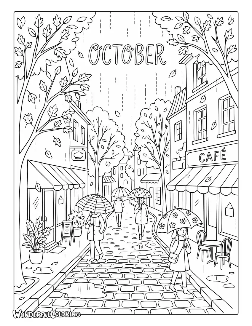 Rainy autumn café coloring page with umbrellas, falling leaves, cobblestone street, and cozy shops