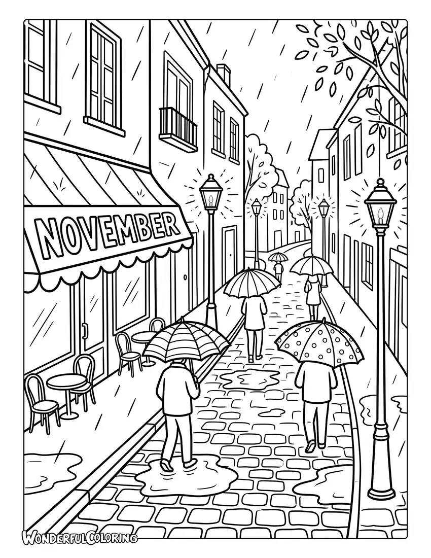 November rainy street coloring page with cobblestone road, umbrellas, glowing street lamps, wet pavement, and café awning