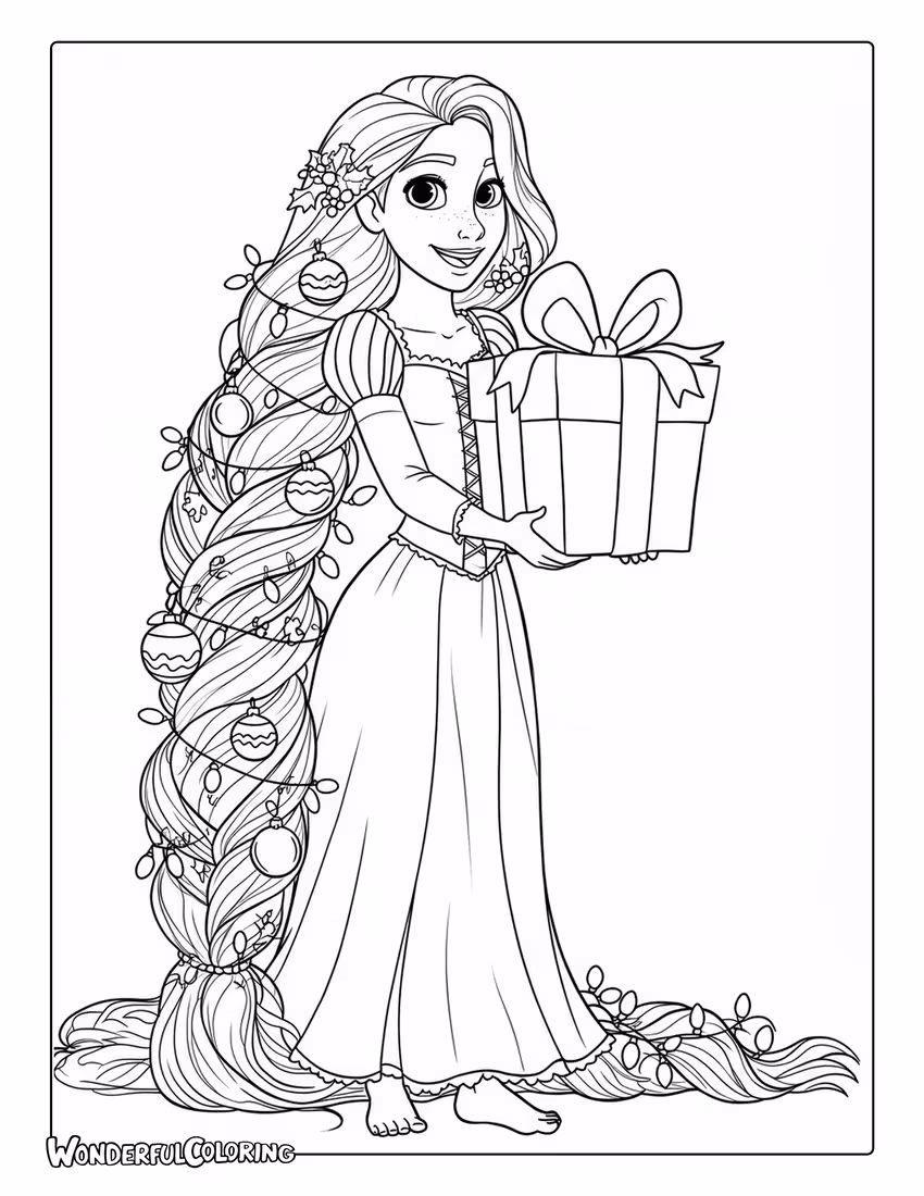 Rapunzel Christmas Coloring Sheet with her long hair decorated in Christmas ornaments.