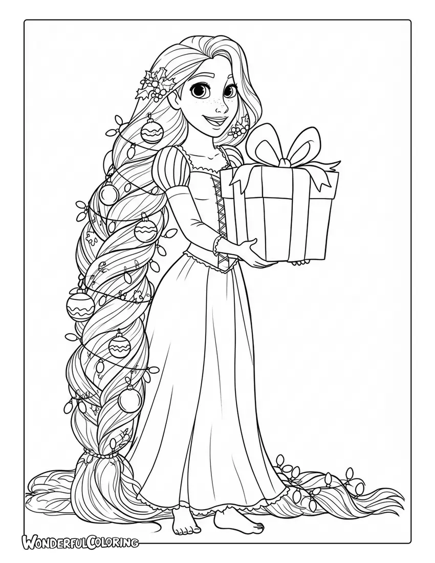 Rapunzel Christmas Coloring Sheet with her long hair decorated in Christmas ornaments.