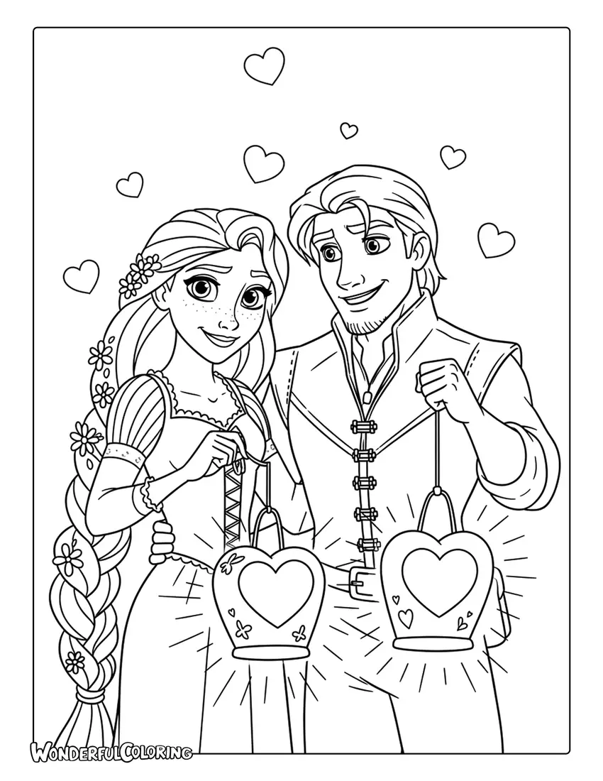 Rapunzel and Flynn holding heart lanterns coloring page
