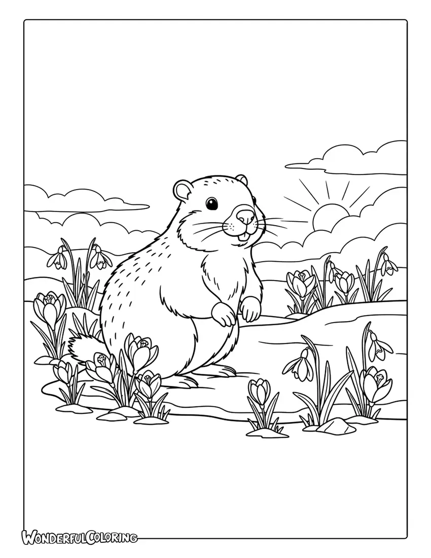 Realistic Groundhog spring flowers coloring page