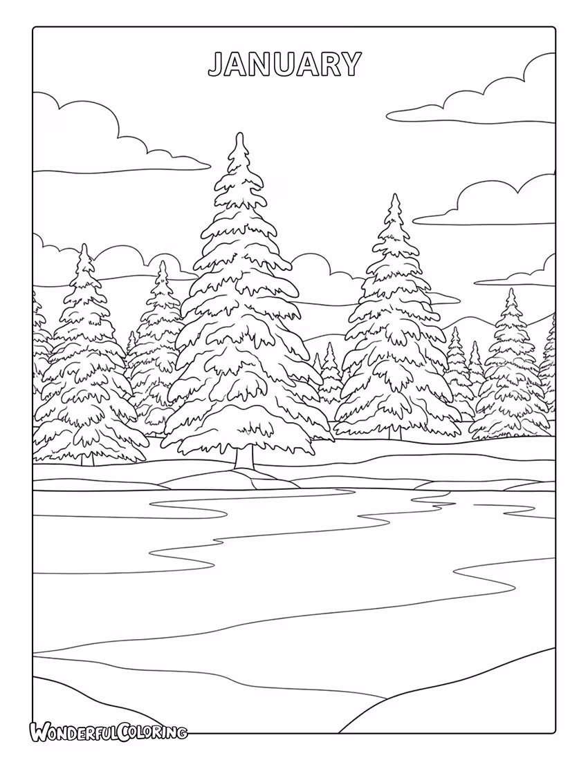 Realistic January winter landscape coloring page with frozen lake, pine trees, and cloudy sky