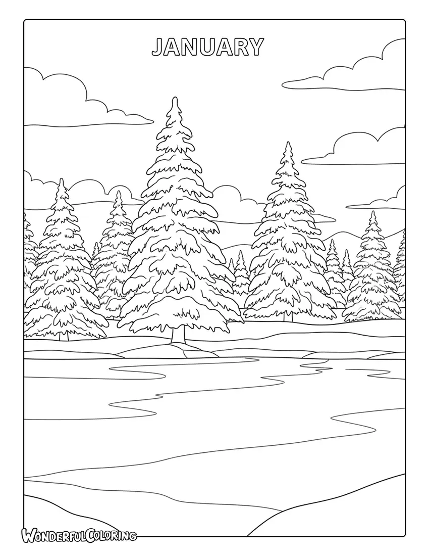 Realistic January winter landscape coloring page with frozen lake, pine trees, and cloudy sky