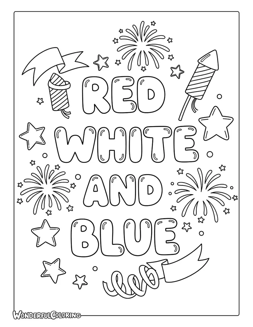 Red White and Blue Doodle Fireworks Coloring Page