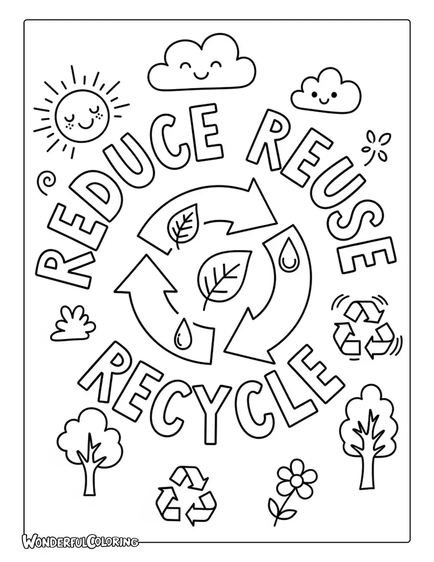 reduce reuse recycle text arrows eco icons coloring page
