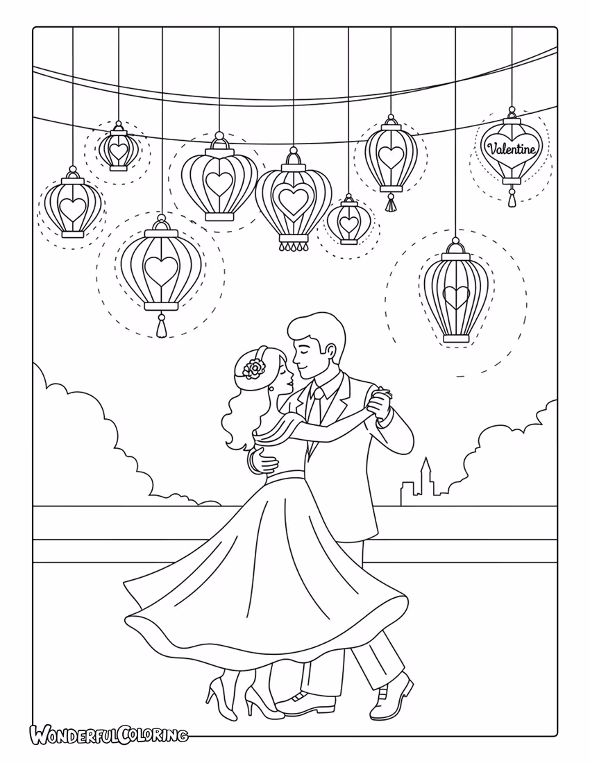 Romantic couple dancing under lanterns coloring page