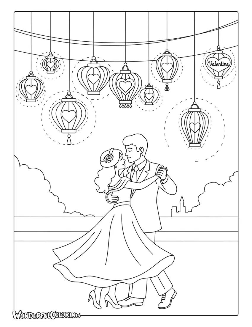 Romantic couple dancing under lanterns coloring page