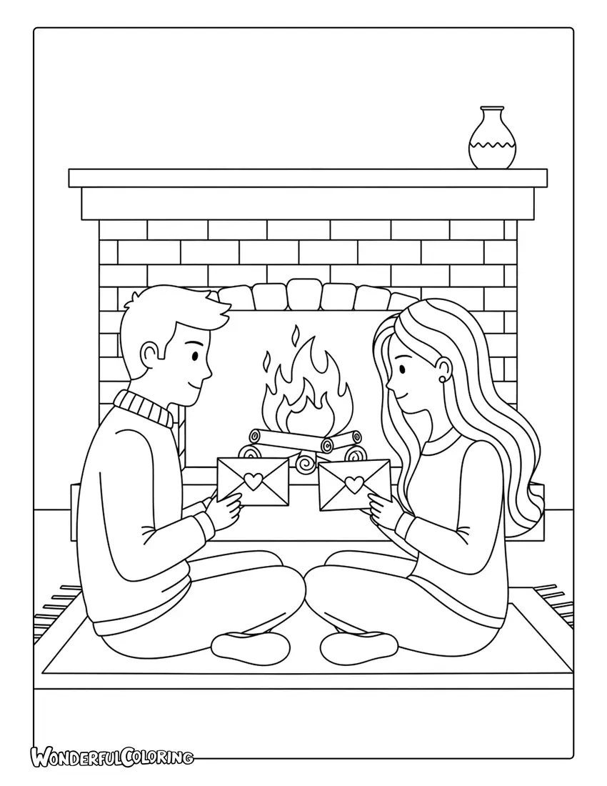 Romantic couple exchanging love letters by fireplace coloring page